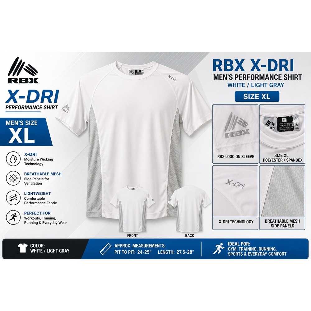 RBX X-Dri Mens Performance Shirt XL White Gray Mesh Side Panels Workout Tee